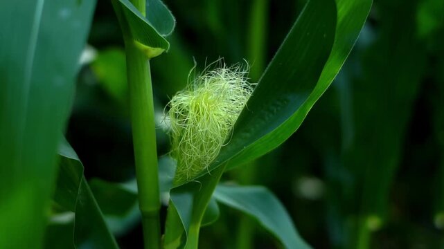 A video showcasing a close-up of a corn plant with a silky yellow ear growing in a lush green field.