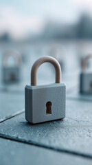 Fototapeta premium Security and Isolation: A close-up shot of a single padlock, symbolizing protection, privacy, and security, stands prominently, while others fade into a blurry background.