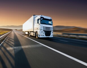 Obraz premium White semi trailer truck traveling on a long empty highway during a dramatic sunset with distant hills and blurred motion effect