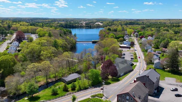 Slatersville Reservoirs aerial view in historic village of Slatersville, town of North Smithfield, Rhode Island RI, USA. This pond is a branch of Blackstone River. 