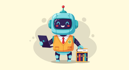Naklejka premium Cute Robot with Laptop and Books, Education and Technology Concept