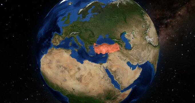 Turkey on the Globe. Zoom into the country with the Earth spinning in space. High detail physical world map with Turkey on it. Country view animation. Elements of this image furnished by NASA.
