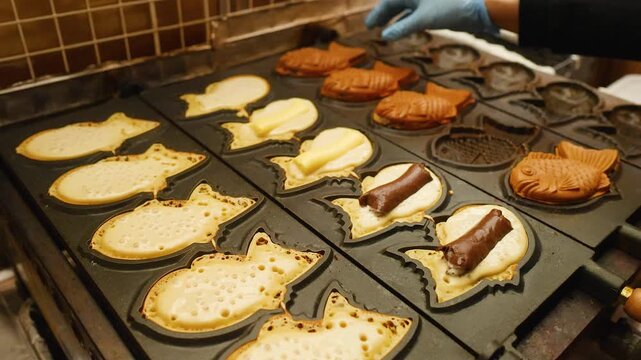 Street Vendor Cooking Traditional Japanese Taiyaki Fish Shaped Cakes in Osaka