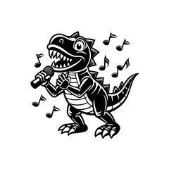 A black and white cartoon illustration of a T-Rex dinosaur singing into a microphone with musical notes surrounding it. © davis