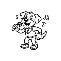 Fototapeta premium Black and white cartoon illustration of a happy dog singing into a microphone with musical notes floating around.