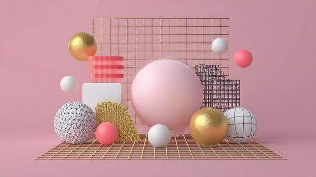 Assorted three dimensional geometric shapes float and rest upon a golden wireframe platform against a solid pastel background