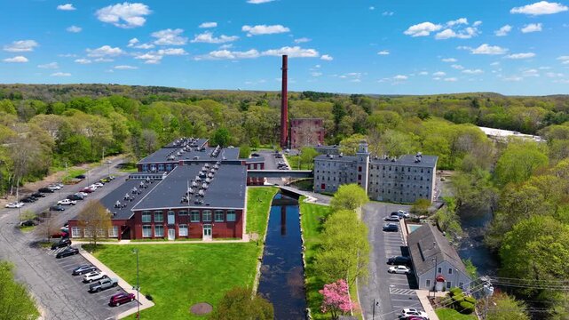 Slatersville Mills building aerial view in historic village of Slatersville, town of North Smithfield, Rhode Island RI, USA. 