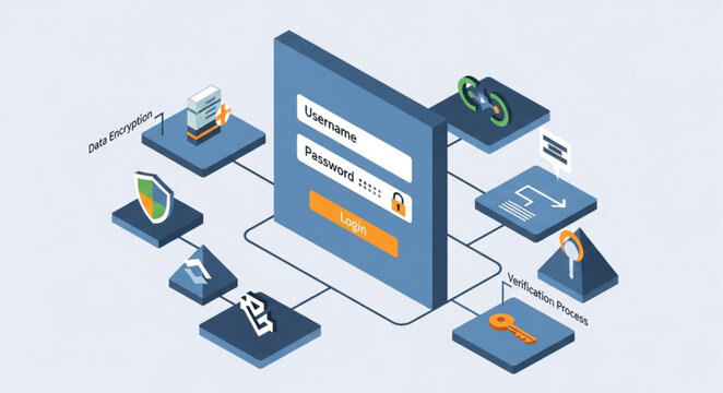 Isometric Login Interface with Security Icons for Secure Access.