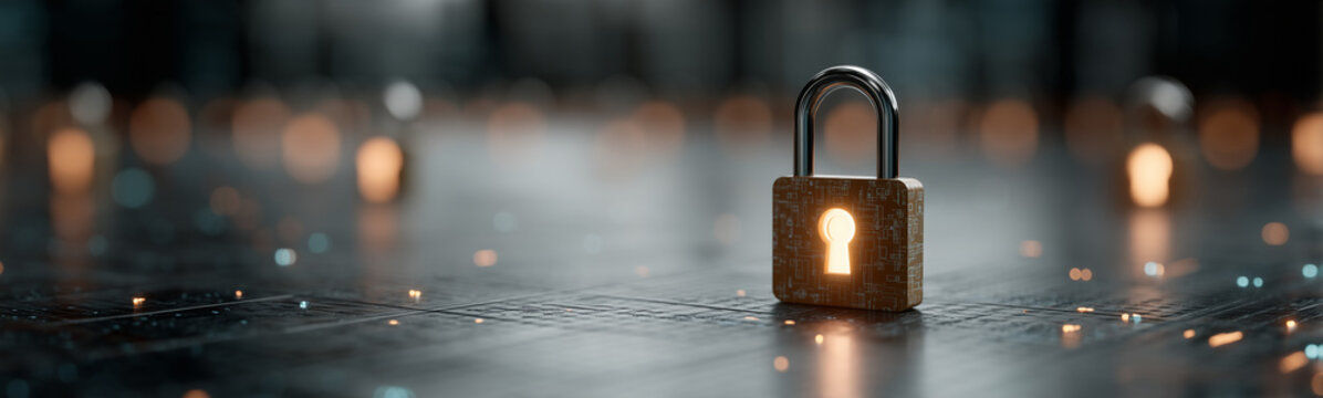Guarded digital realm: A solitary padlock, illuminated by a soft inner glow, rests upon a textured surface, surrounded by subtle points of light.