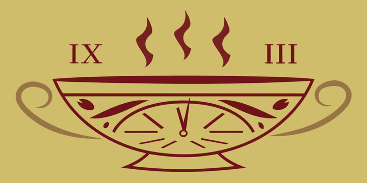 A stylized cup with roman numerals steam and a clock face