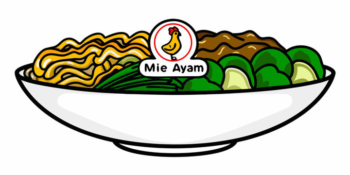 A colorful illustration of mie ayam a traditional indonesian chicken noodle dish