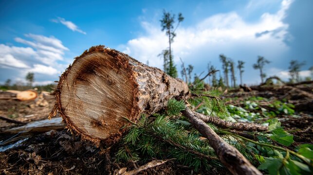 Close-up view of a felled pine tree trunk with visible rings and debris on a cleared forest floor under a cloudy sky with sunlight breaking through