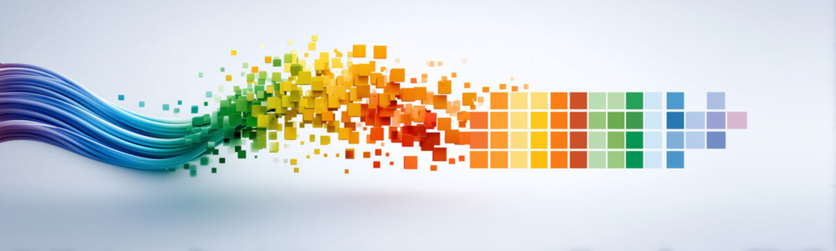 Abstract of Colorful Pixel Flow: a vibrant and dynamic display of color, where a stream of pixels morphs and dances.  An explosion of a digital stream of data with a mesmerizing array of hues.