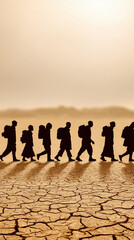 Fototapeta premium Wandering in the Desert: Silhouette of travelers navigate the vast, arid expanse of a desert landscape, their journey etched against the backdrop of the setting sun and cracked earth.
