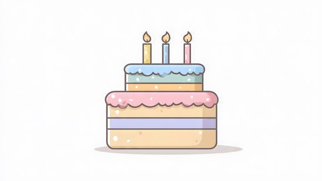 Illustration of a two-tiered birthday cake with colorful frosting and lit candles on top against a plain white background.