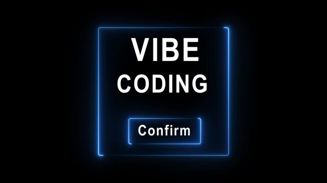 A reaches for a confirm button surrounded by code representing vibe coding, low code, coding programs in a futuristic design