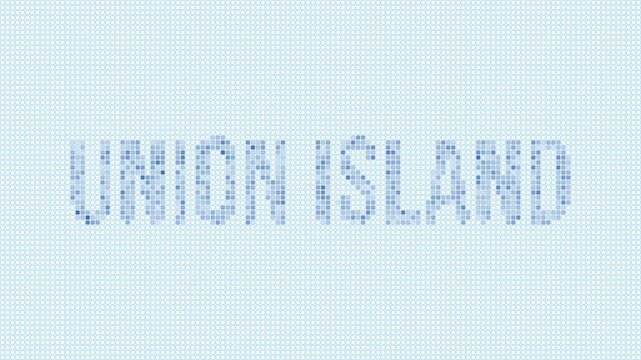 Union Island dotted map animation. Digital style shape of Union Island with title. Blue dots appear with flickering effect. St. Vincent. Modern Intro, outro, title, logo video.