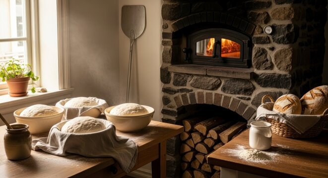 Rustic bakery interior with freshly baked bread and hearth oven