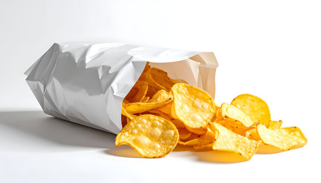 White chip bag spilling golden, crispy potato chips onto a bright white surface