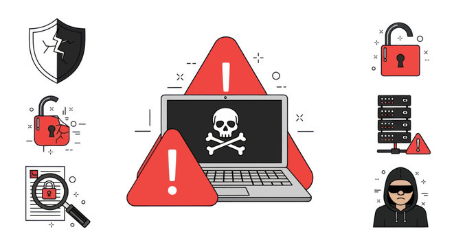 Cybersecurity Threat: Laptop with Skull Icon, Warning Signs, Broken Shield, Hacker, Server