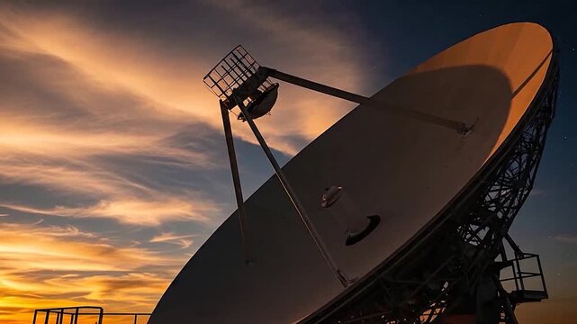 Large satellite dish against a dramatic sunset sky