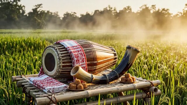 Traditional assamese rongali bihu items on bamboo, glowing in golden light against a misty paddy field.
