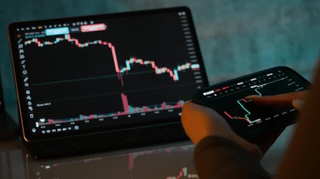 Close up of trader using smartphone and laptop with stock market charts at night representing online trading cryptocurrency and financial investment concept.