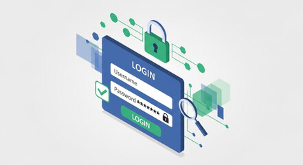 Fototapeta premium Isometric Login Interface with Security Features and Data Encryption.