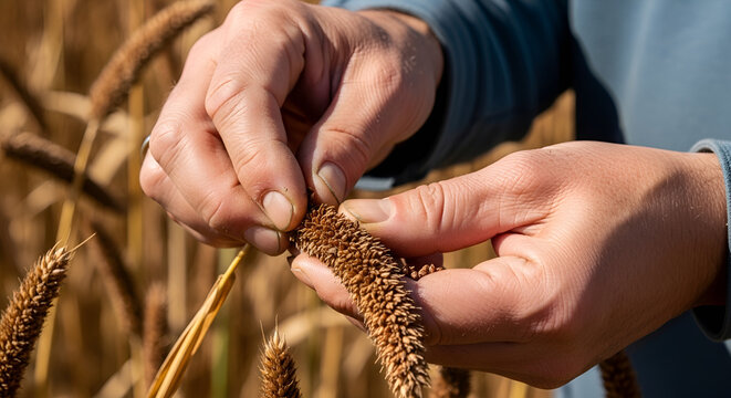Farmer inspecting seeds of a mature milo crop in the field