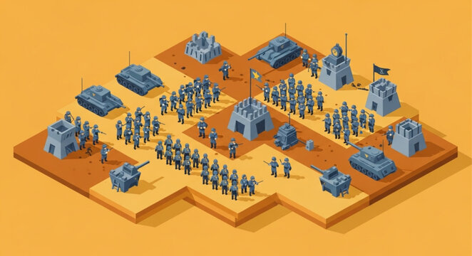 Isometric Military Base Illustration with Tanks and Soldiers.