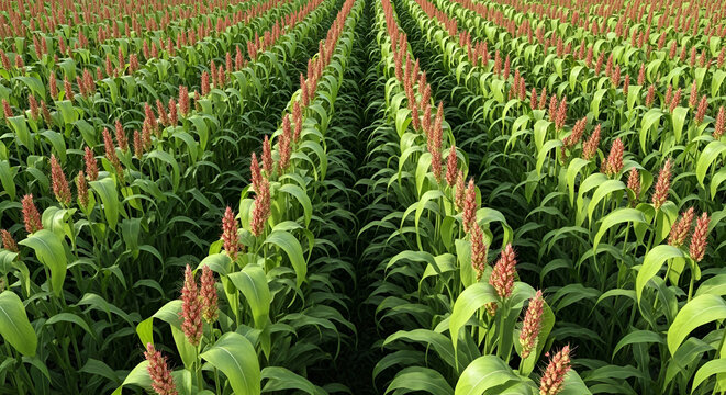 Large field of milo crop growing in rows under sunlight