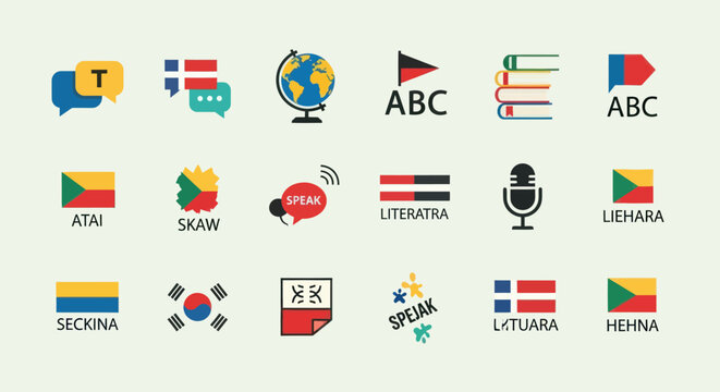 Language Learning Icons: Globe, Flags, Books, Speech Bubbles, Microphone, ABC