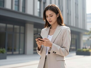 Fototapeta premium Young businesswoman using smartphone in modern city office district