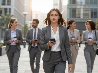 Obraz premium Confident businesswoman walking with business team in modern city office district