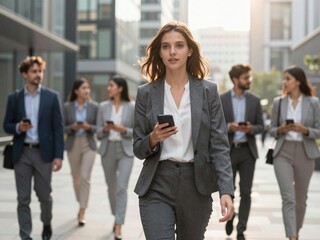 Fototapeta premium Confident businesswoman walking with business team in modern city office district