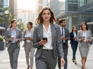 Obraz premium Confident businesswoman walking with business team in modern city office district