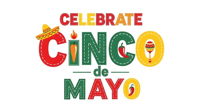 Vibrant cinco de mayo celebration text with colorful letters and symbols