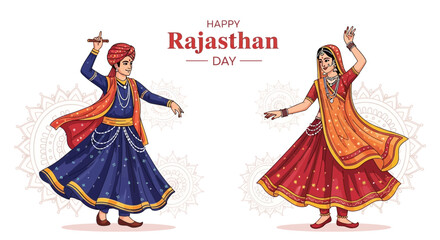 Fototapeta premium Illustration of traditional Rajasthani dancers celebrating Rajasthan Day with colorful attire and folk dance movements on a white background.