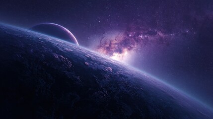 Fototapeta premium Vast cosmic expanse with glowing purple nebula and distant celestial bodies against a dark star filled universe with a planet in the foreground illuminated by starlight creating a sense of wonder and