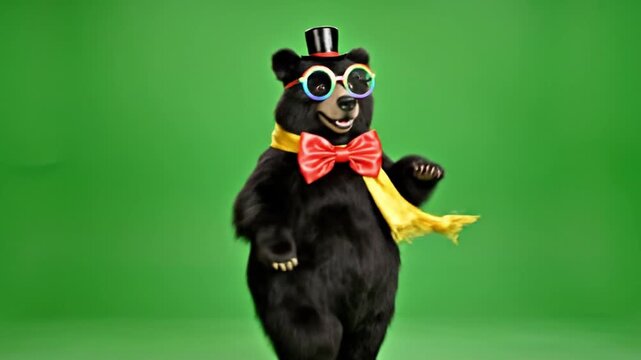 Playful realistic 3D bear character dancing happily with whimsical accessories including tiny top hat oversized bow tie colorful glasses and decorative scarf the bear moves rhythmically with energetic