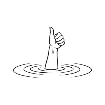 Minimalist Line Art of Drowning Hand Giving Thumbs Up with I'm Fine Text
