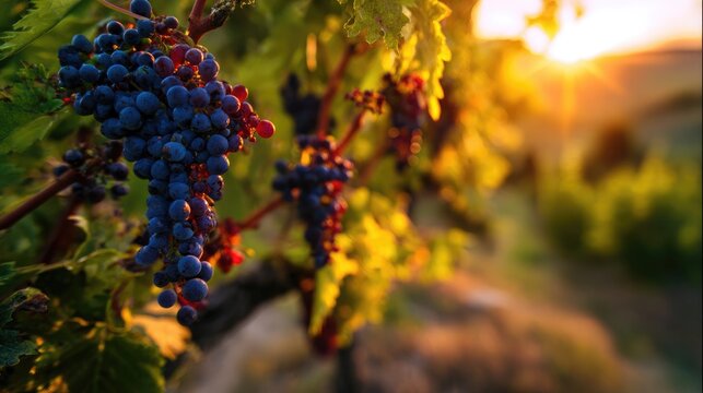sangiovese. Deep red Sangiovese grapes ripening on the vine in a vineyard at sunset. inspiring travel planning, menu design, designed for culinary blogs and recipe cards for restaurants.