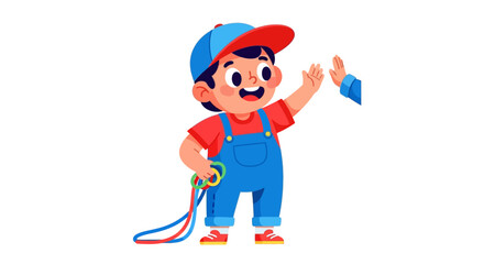 Fototapeta premium Happy Boy Giving High Five, Wearing Blue Overalls and Red Cap, Holding Toy Rings