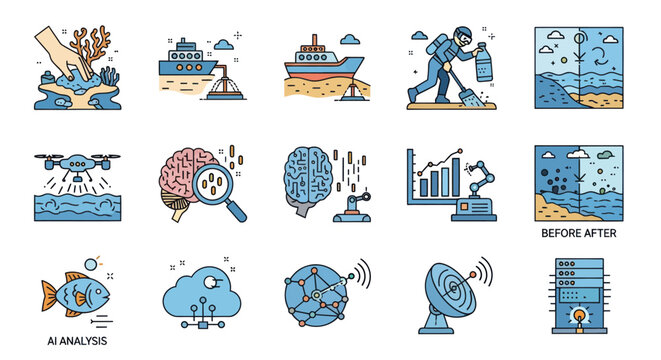 Oceanography and Marine Technology Icons: Research, Cleanup, and Data Analysis
