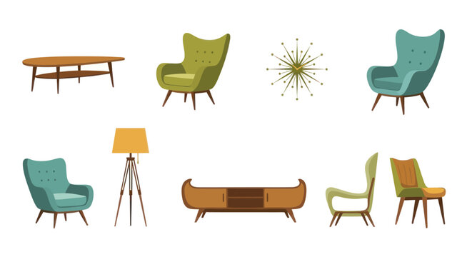 Retro Mid-Century Modern Furniture Collection, Armchairs, Coffee Table, Lamp