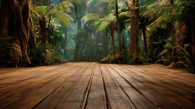 A wide plank wooden floor in a prehistoric jungle, giant ferns and prehistoric palms, cinematic atmosphere