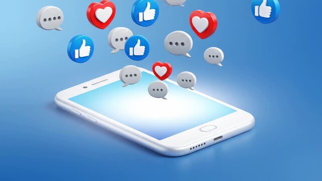 Social media engagement on smartphone with thumbs up hearts and comments receiving online feedback and notifications on digital platform