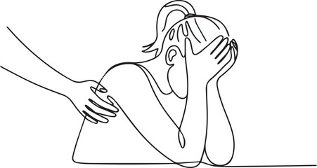 Obraz premium Continuous one line drawing of a person comforting a crying woman. Minimalist linear vector illustration of empathy, mental health support, and friendship.