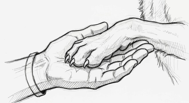 Human hand holding a dog paw in a gesture of friendship and trust.