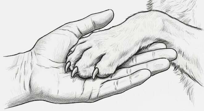 Human hand holding a dog paw in a gesture of friendship and care.